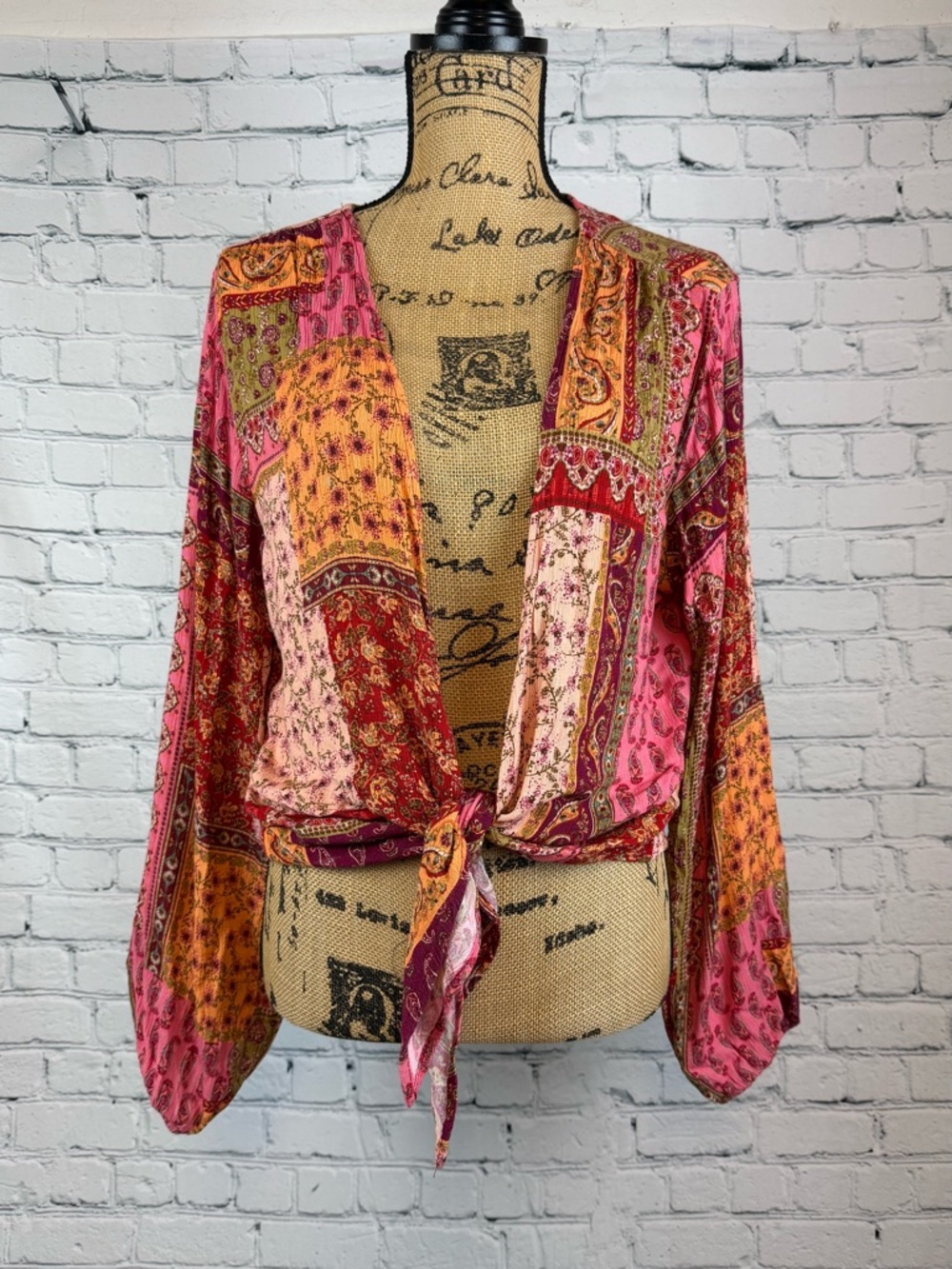 Daytrip Crinkly Boho Patchwork Front Tie Top